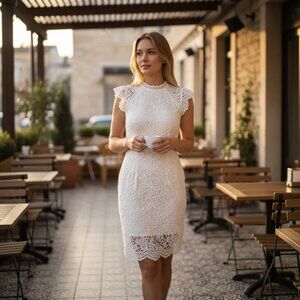 Main Strip White Lace Sheath Dress Cap Sleeve Size L